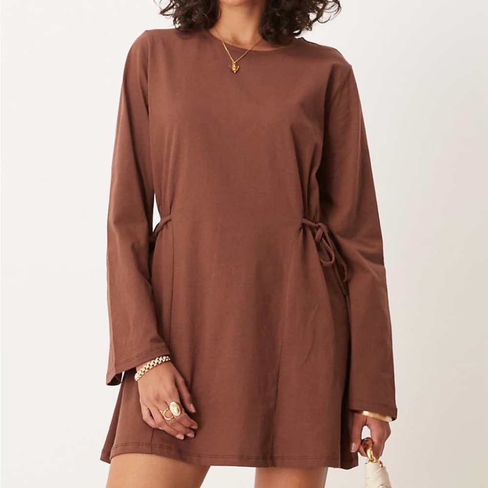 ASOS DESIGN tie side cinched mini dress with long sleeves in brown size MEDIUM